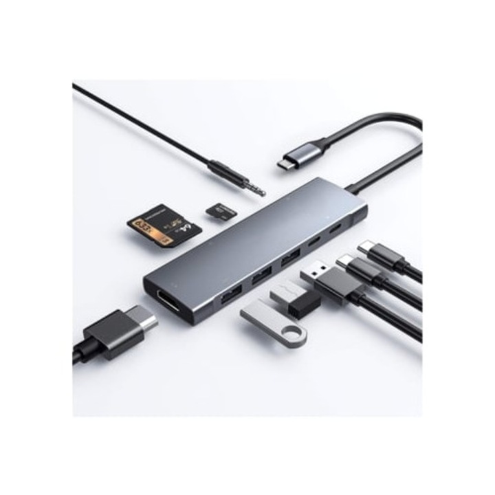 Хъб USB C 9 в 1 HDMI 4K, 100W PD, 3 USB 3.0, четци SD/microSD, 3.5мм, сив