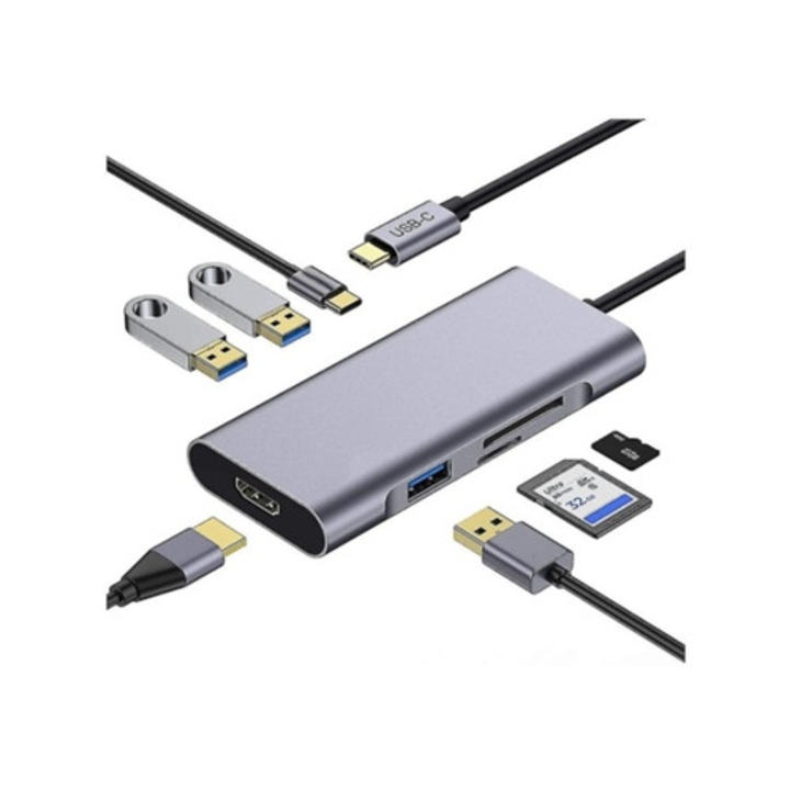 USB C elosztó 7 az 1-ben, HDMI 4K, 100W, 3 USB 3.0, SD/TF kártyaolvasók, szürke