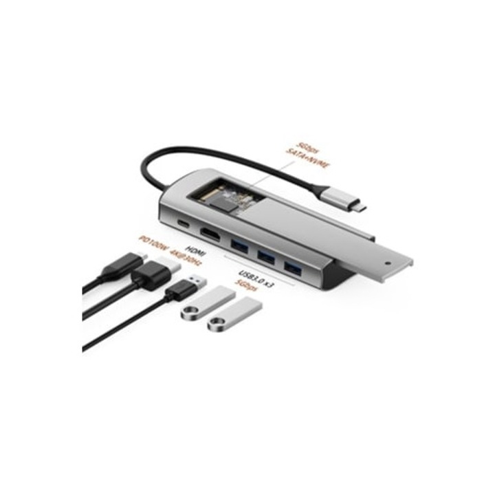 6 az 1-ben dokkolóállomás, M.2 NVMe SATA SSD tároló funkcióval, szürke