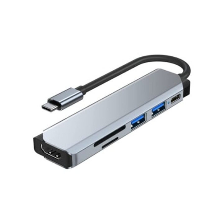 USB C Multiport elosztó 6 az 1-ben, 4K HDMI, USB 3.0, SD/TF kártyaolvasó