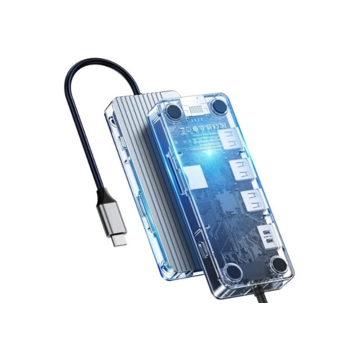 USB C hub 8 az 1-ben, 4K HDMI, 100W töltés, RJ45, SD/TF foglalat, 3 USB port