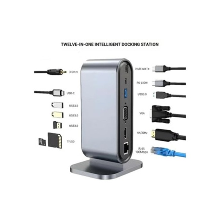Statie de andocare 12-in-1, gri, cu interfete multiple