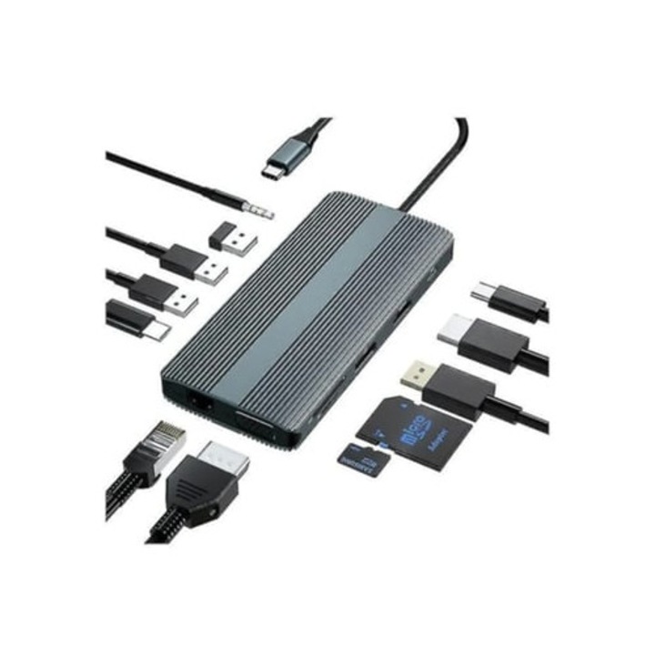 Statie de andocare USB C 12 in 1, suport triplu monitor, 4K, HDMI, VGA, 100W PD, 2 USB 3.0, Ethernet 1000M