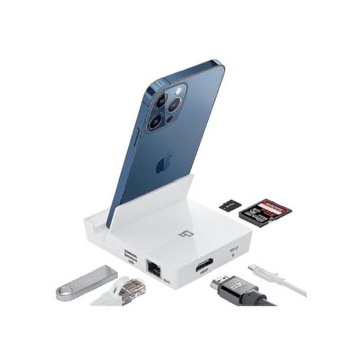Statie de andocare Lighting 6 in 1, HDMI, Ethernet, hub USB, cititor SD/TF, alb