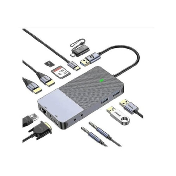 USB-C Hub 3.0 dokkolóállomás, VGA és kettős HDMI adapter, három monitor támogatása