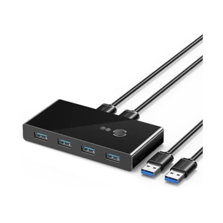USB 3.0 Kapcsoló 4 portos, 2 darab, 2 bemenet, 4 kimenet, USB 3.0 kábelekkel, fekete