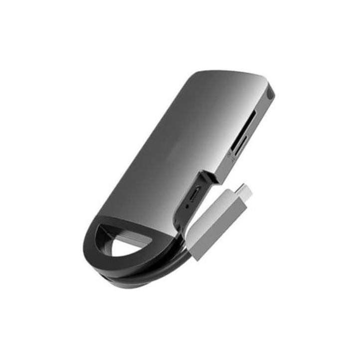 Hordozható USB-C hub 8 az 1-ben, 100W PD, 4K HDMI, 3 USB 3.0, SD/micro SD olvasó, RJ45 1Gbps, szürke