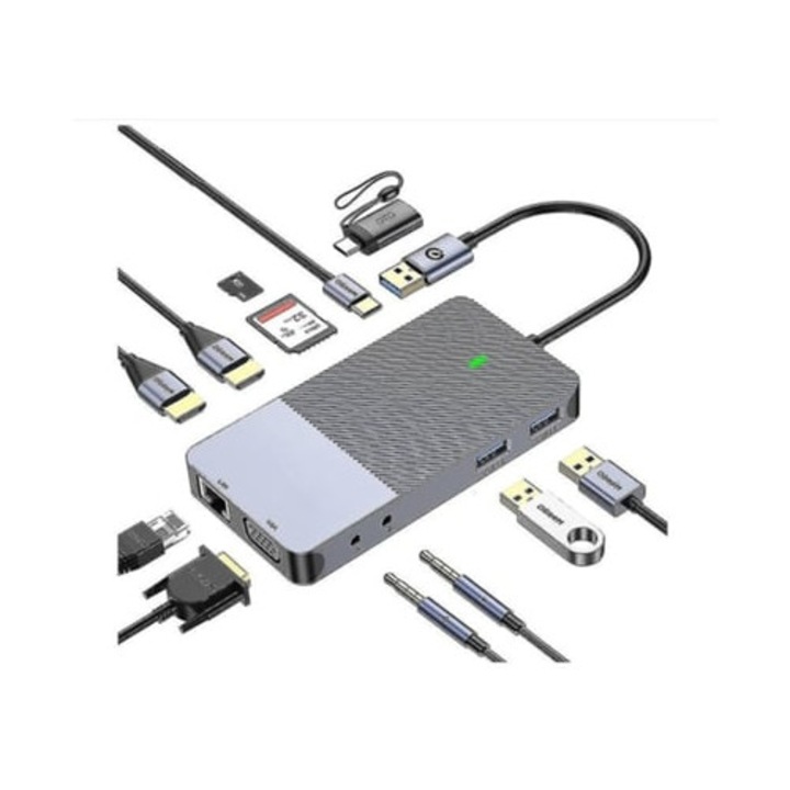 Dokkolóállomás USB C Hub 3.0, VGA, Kettős HDMI, Tripla Monitor, Fehér