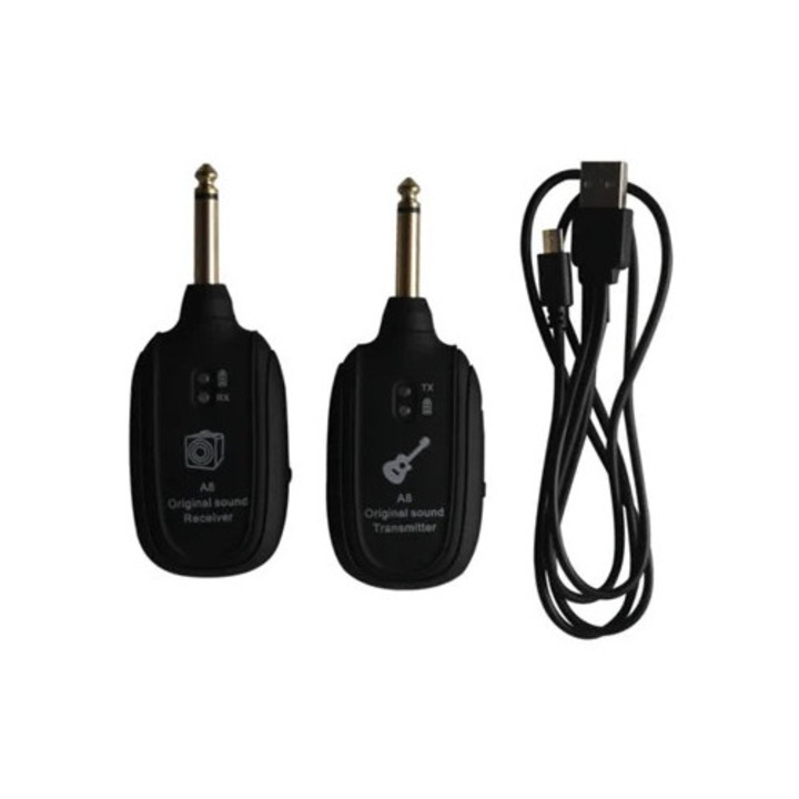 UHF vezeték nélküli adó és vevő gitárhoz, újratölthető akkumulátorral