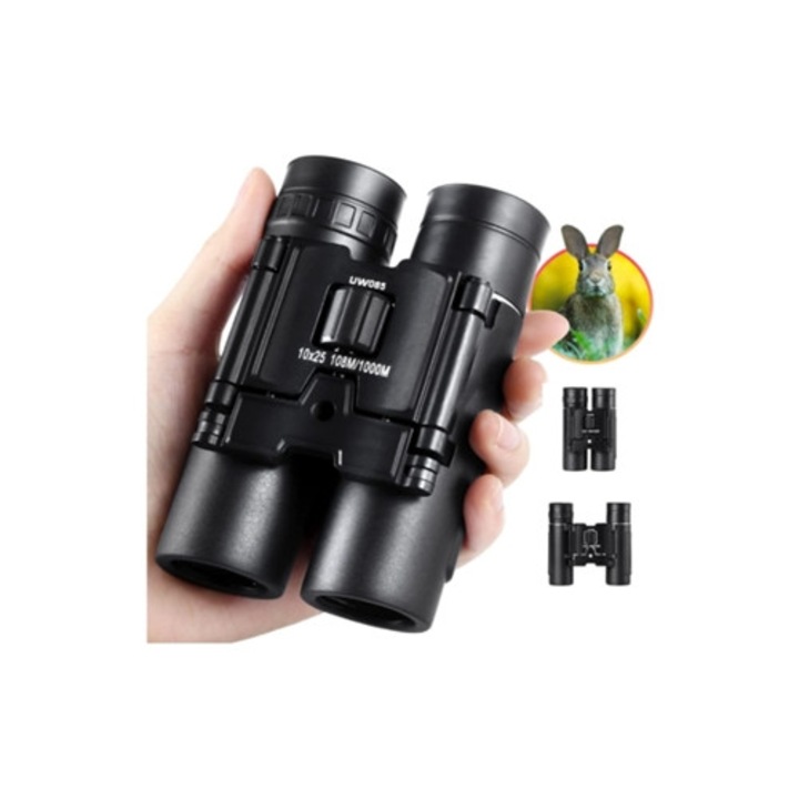 Binoclu 10x25, compact, pliabil, negru, pentru copii si adulti