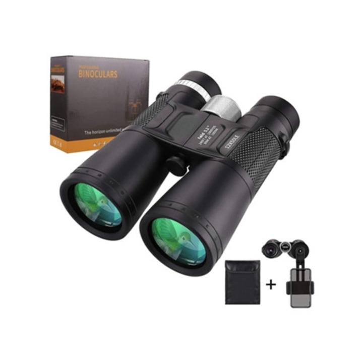 Binoclu compact 12x50, impermeabil, suport pentru telefon, negru