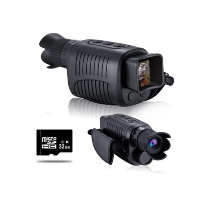 Monocular digital cu viziune nocturna, 2k Full HD, infrarosu, negru
