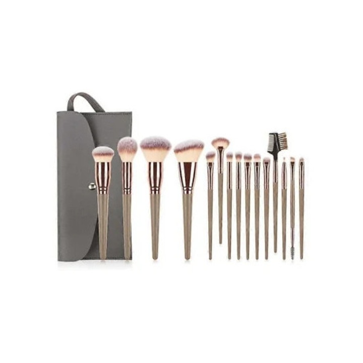 Set de 15 pensule profesionale pentru machiaj cu husa, sintetice, multicolor