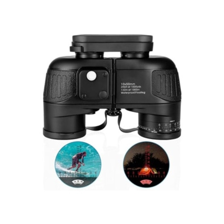 Binoclu 10x50 Compact cu Prism Bak4, IP68, Busola, Cautare, Negru