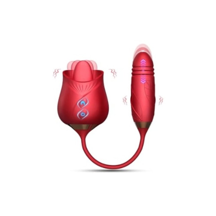 Vibrator 3 in 1 cu limba, stimulare mamelon si clitoris, rosu