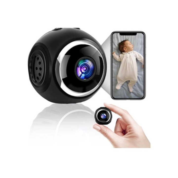 Camera spion mini HD 1080P wireless cu viziune nocturna, detectie miscare, neagra