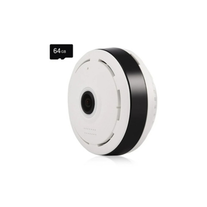 Камера за наблюдение V380pro, 360 панорамна, Wi-Fi връзка, бяла, комплект с карта памет 64GB