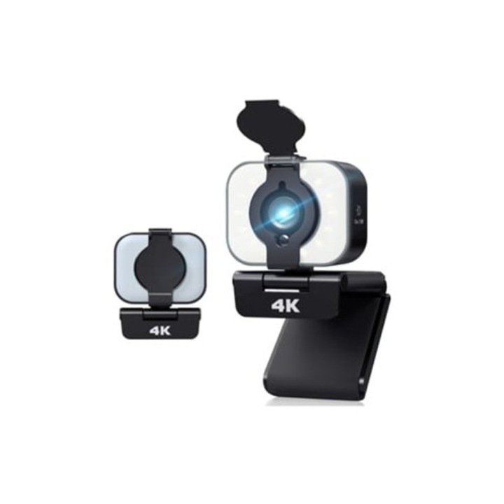 4K webkamera állvánnyal, állítható világítással, beépített sztereó mikrofonnal, fekete