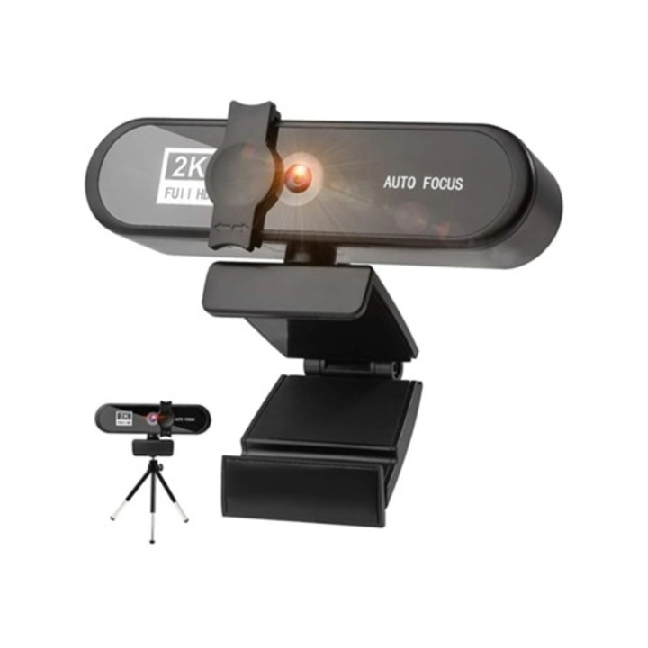 Webkamera HD 2K, mikrofonnal, adatvédelmi fedéllel, laptophoz és asztali számítógéphez, állvánnyal, szett