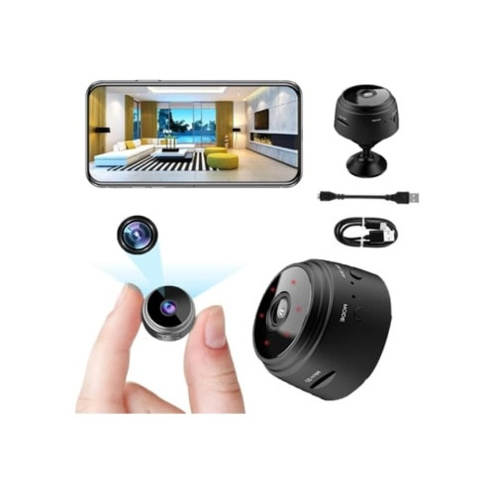 Camera spion mini ascunsa cu detectie miscare, viziune nocturna, HD 1080P, neagra