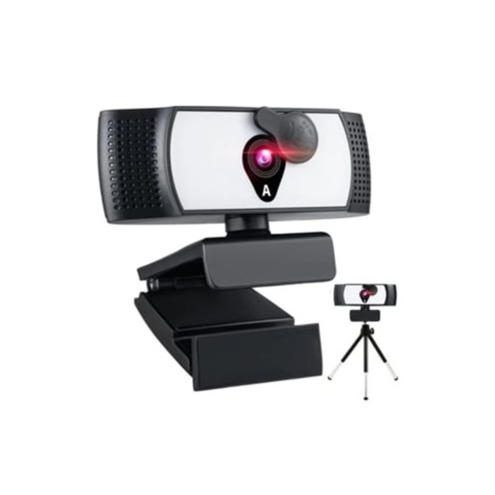 Webkamera Full HD 4K mikrofonnal és világítással, USB Plug and Play, fekete