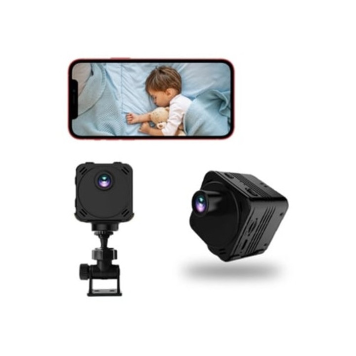 Смарт Wi-Fi мини камера за наблюдение, 1080P HD, нощно виждане, детекция на движение, 32GB, черна