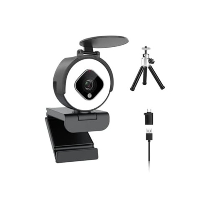 Webkamera 1080P 60fps mikrofonnal és gyűrűs fénnyel, fekete, szett