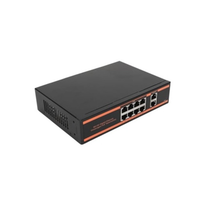 Неуправляем комутатор 10-портов, 8 PoE порта 1000m, 2 uplink 1000m