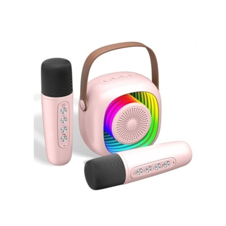Mini microfon karaoke wireless Bluetooth cu doua microfoane, volum mare, roz