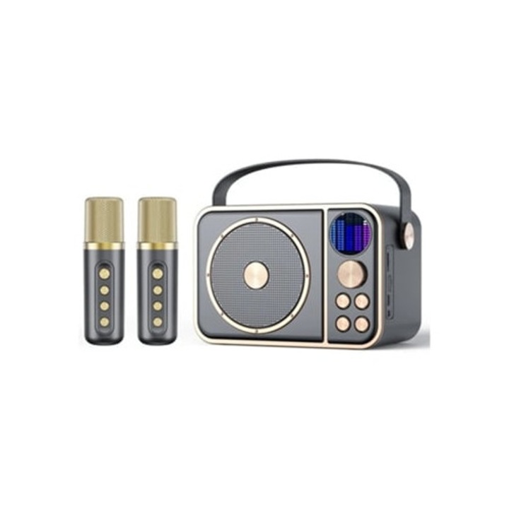 Mini masina de karaoke wireless Bluetooth cu microfon dublu si difuzor, gri, pentru copii