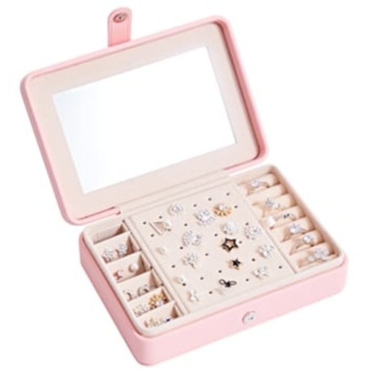 Cutie bijuterii, minimalista, cu suport pentru cercei si carlige pentru coliere, piele ecologica, captuseala din catifea, portabila