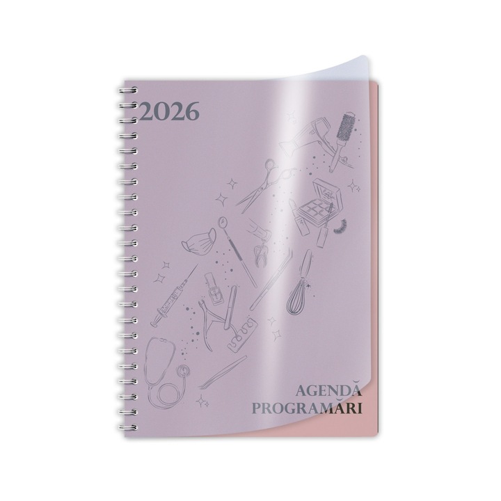 Agenda Libra A5 pentru programari datata zilnic 2026 192 pagini, spirala, coperta carton model Pink si supracoperta PriPlak