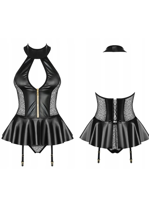 Szexi ruha, Erochic, mini, fekete, poliamid/latex, harisnyatartó pántok, S-M INTL