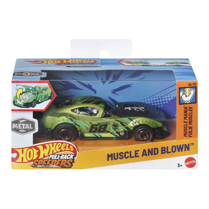 Метална количка Hot Wheels Muscle and Blown Muscle Mania, мащаб 1:43, с автентични детайли, многоцветна