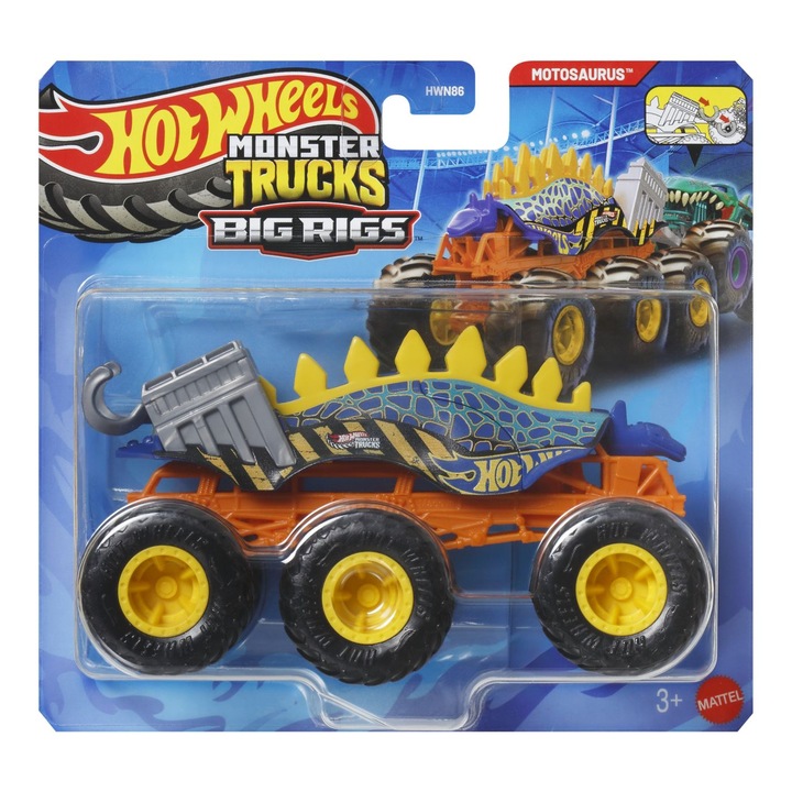 Метална количка Hot Wheels Monster Truck Big Rigs Motosaurus 1:64, 6 колела, многоцветна