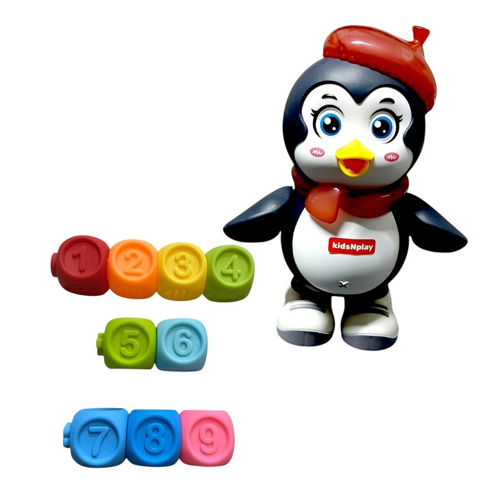 Pinguin dansator kidsNplay, muzical cu efecte sonore si luminoase, set cu cuburi multicolore din silicon 4.5x4.5x4.5cm, 20cm