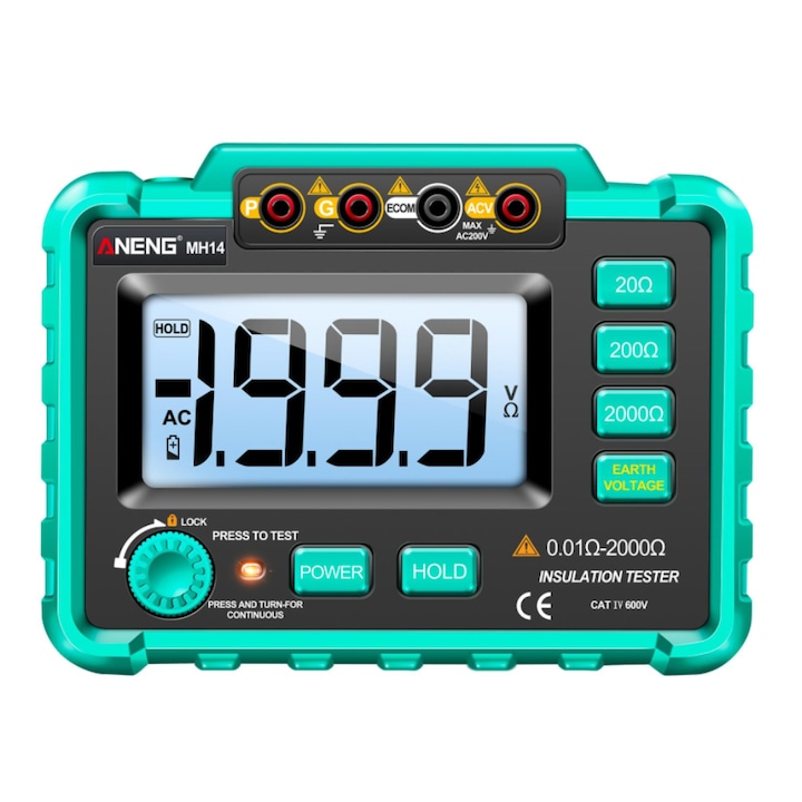 Tester rezistenta de impamantare, ANENG MH14, tester digital profesional, domeniu 20Ω-2000Ω, tensiune AC 0-200V, cu tarus