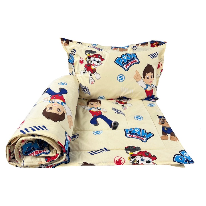 Pilota copii, 140x200 cm, cu 2 fete de perna, 200gr/mp, Patrula, crem