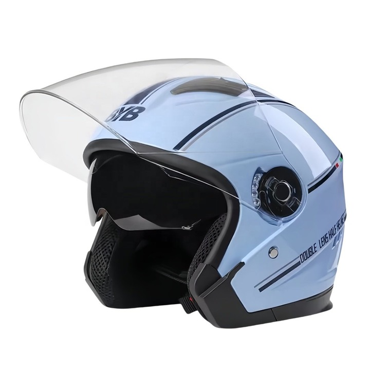 FIXATO Italia Каска за мотоциклет/скутер, двоен визьор, UV защита, универсален размер 56-62 см, син