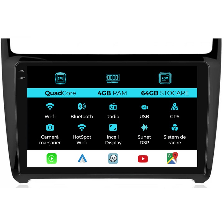 Navigatie Dedicata Volkswagen Polo (2009-2018), QuadCore, 9Inch, 4Gb Ram, 64Gb Stocare, Carplay
