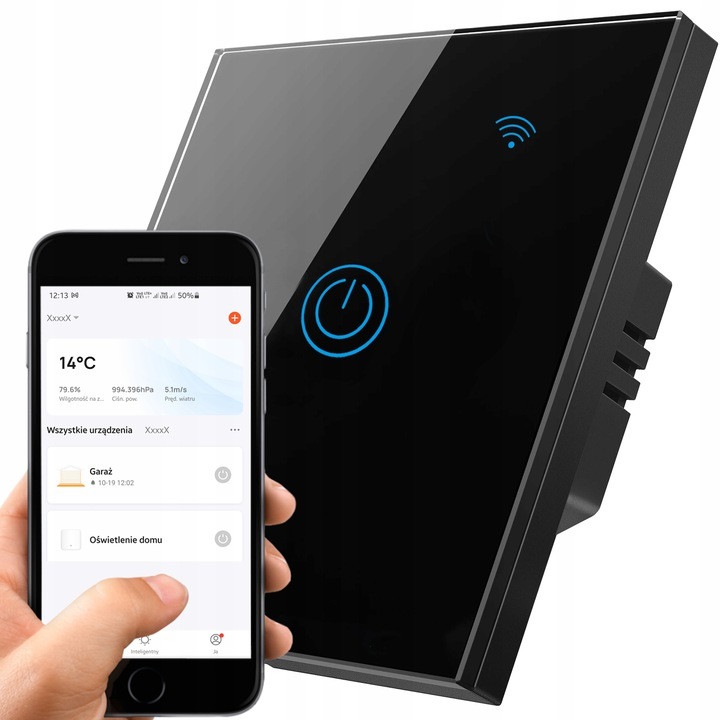 Wi-Fi érintőkapcsoló, Lamex, 1 gombos, edzett üveg, fekete, 86x86x9mm, IP45