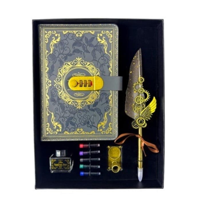 Set Vintage Secret, Velve, agenda cu cifru, stilou cu pana, gri inchis, 22x15cm