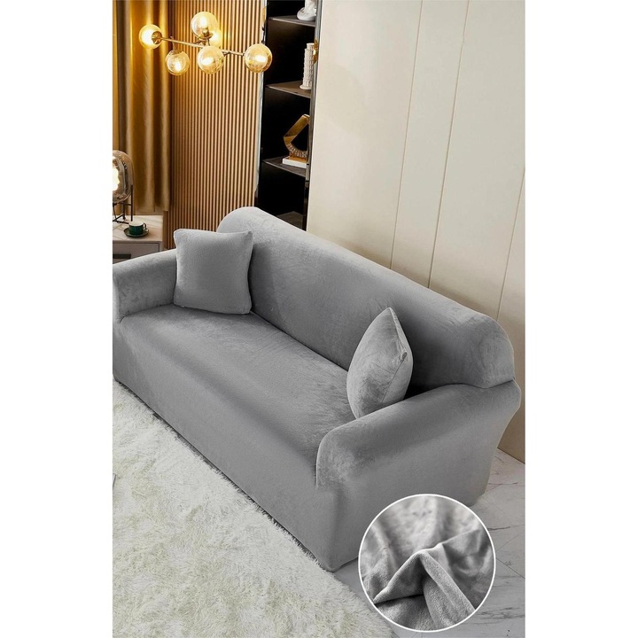 Husa pentru canapea cu 3 locuri GUYIRT, 190-230 cm, Poliester si Spandex, Velur elastic, Lavabila, culoare gri inchis