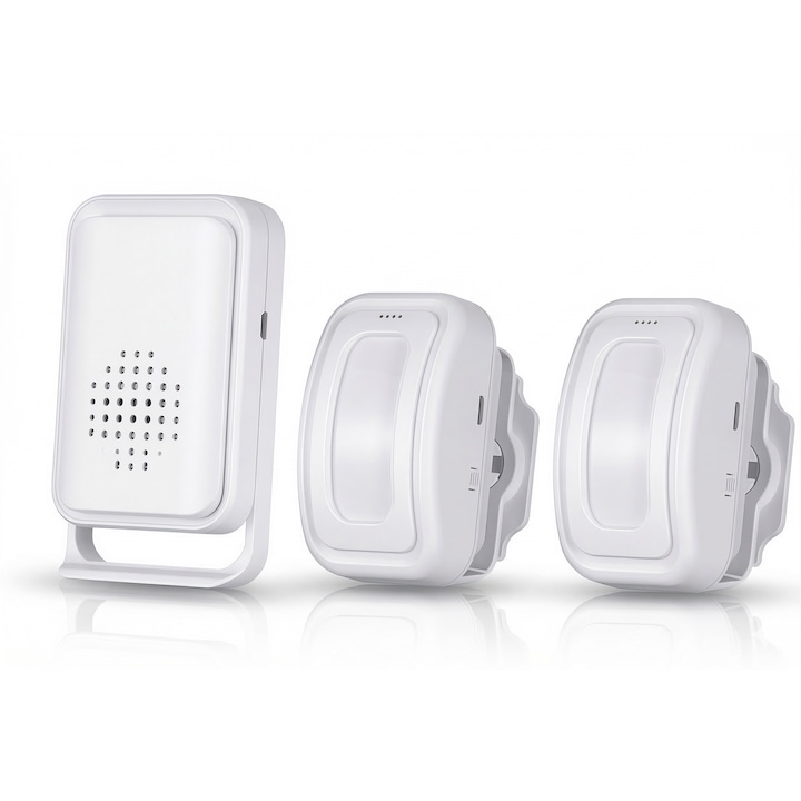 Senzor de Miscare Fara Fir/Wireless, DALORY, Alerta Sonora la Detectarea Miscarii, Transmisie de pana la 280m, Incarcare prin USB sau baterii, Kit Montaj Perete, 2 Senzori, Multiple sunete, Pentru Interior, Baterii Incluse, Alb