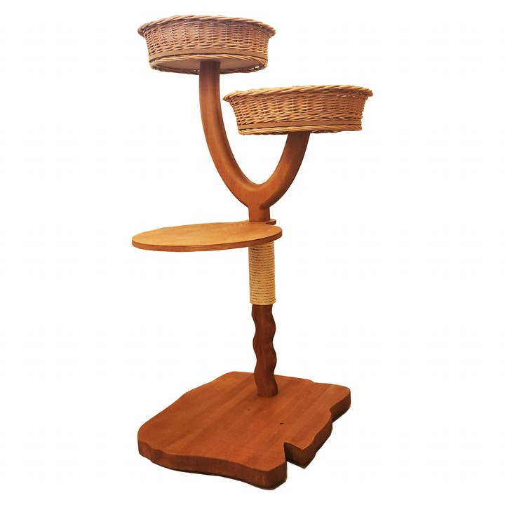 Дървена котешка катерушка тип дърво с две плетени кошници и зона за драскане – RukiToys