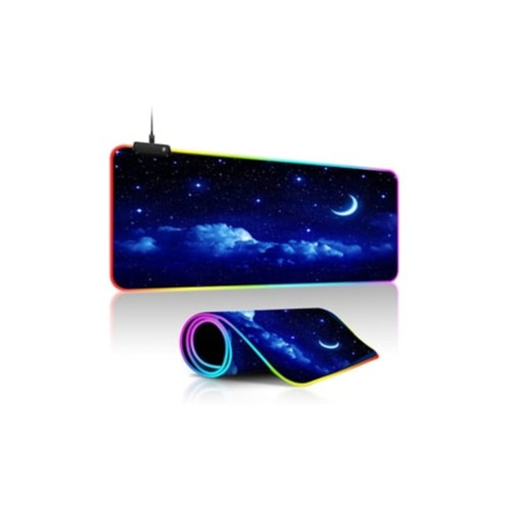 Mousepad LED mare iluminat, cer instelat, baza din cauciuc antiderapant, 40x90x0.4cm