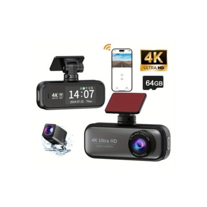 Camera auto DVR 4K Wifi Ultra HD cu lentile duale 2160p/1080p, 1.97 inch, 64GB