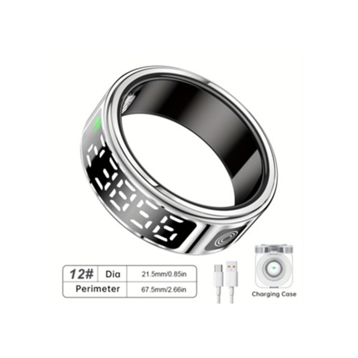 Фитнес гривна Gertiz Smart Ring, тракер за активност и сън, сребриста, със зареждащ кейс, размер 12