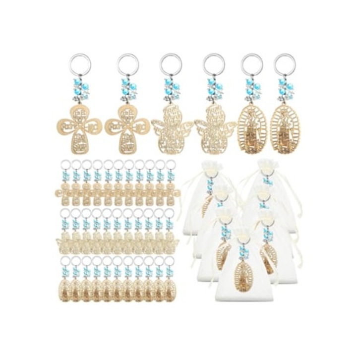 Set trusou botez, breloc din lemn cu 30 de piese si pungi din organza, perle albastre