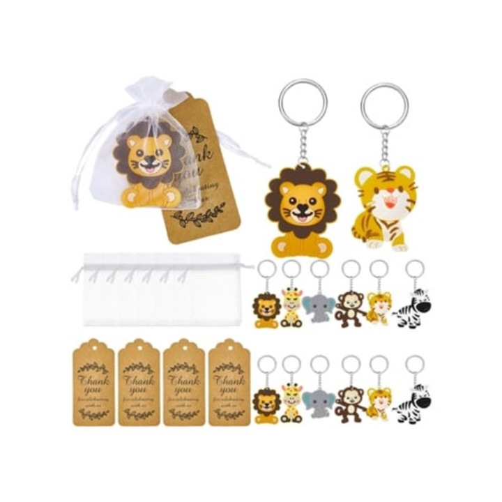 Комплект от 30 ключодържателя с животни, с благодарствени картички и торбички от органза за рожден ден